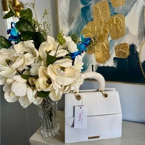 Trina Turk White Structured Satchel with Gold Hardware